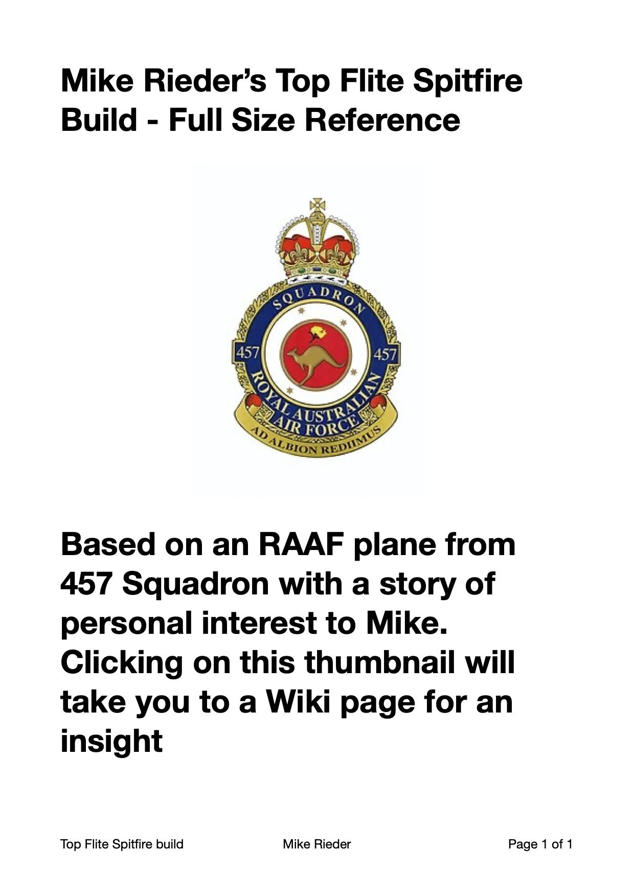 Mike Rieder Spitfire 457 Squadron RAAF insignia