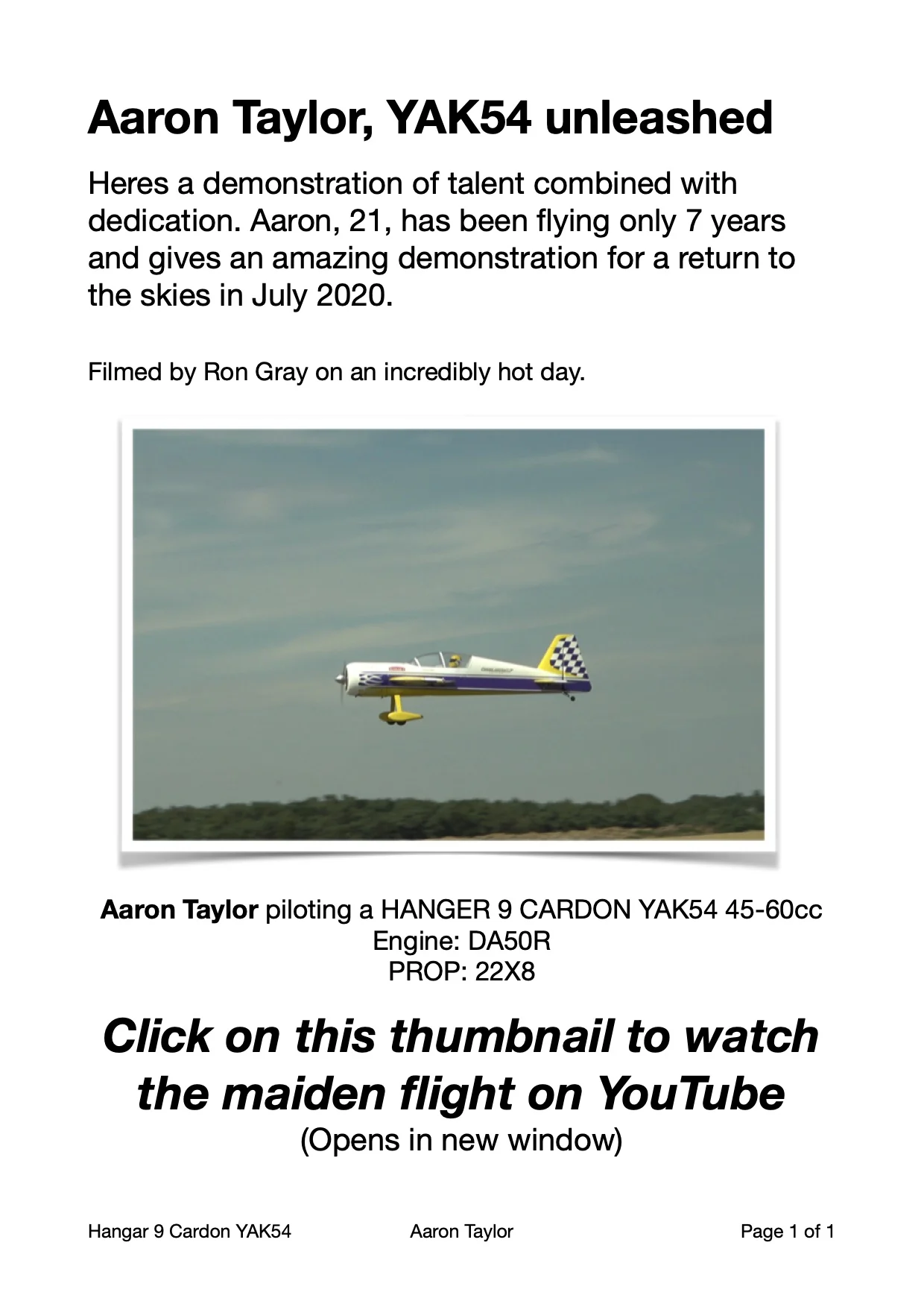 Aaron Taylor flying his Hangar 9 Cardon YAK54, on YouTube