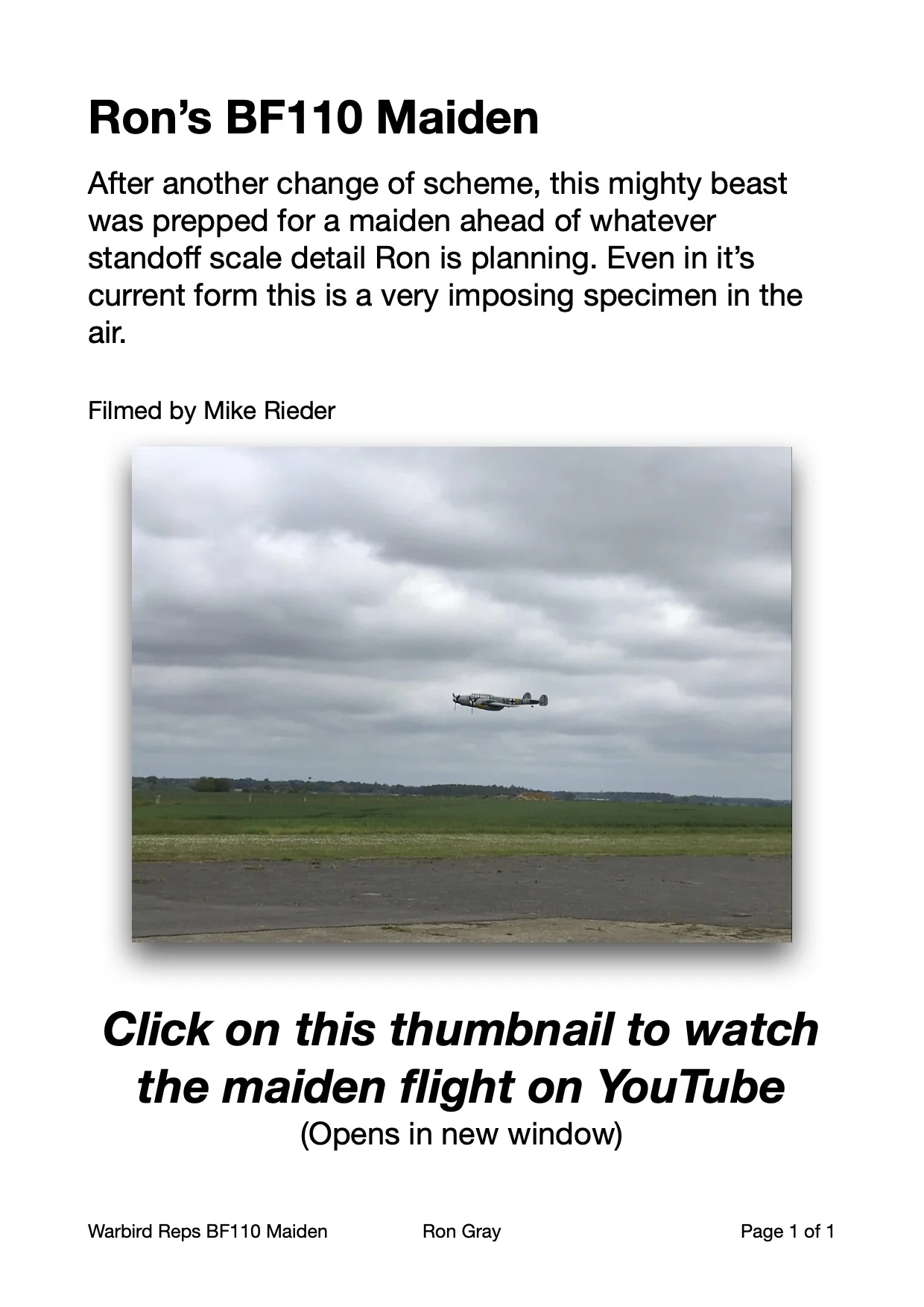 20210529 Ron's BF110 Maiden Thumbnail for YouTube